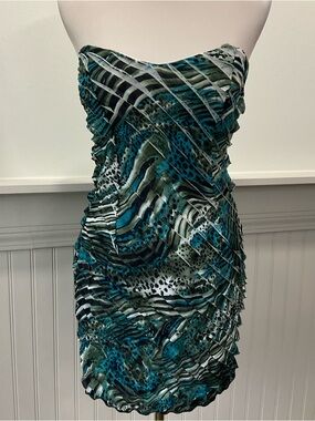 Y2K Wet Seal Strapless Mini Dress Medium Ruched Bodycon Teal Animal Print